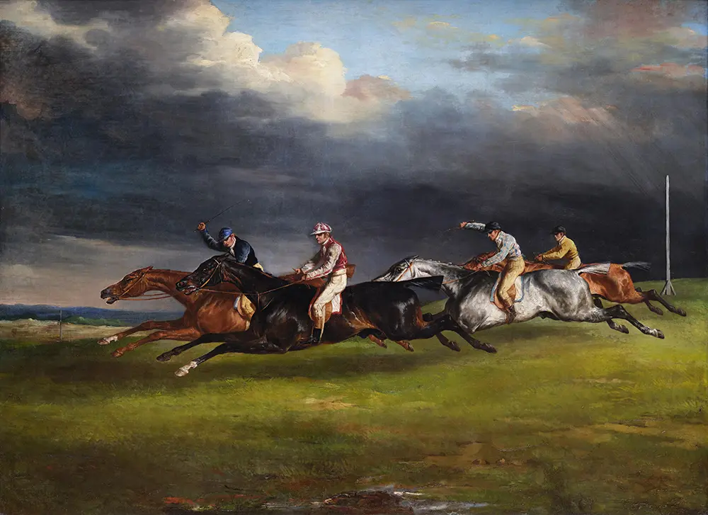 peinture représentant une course de chevaux en plein mouvement dans un paysage ouvert