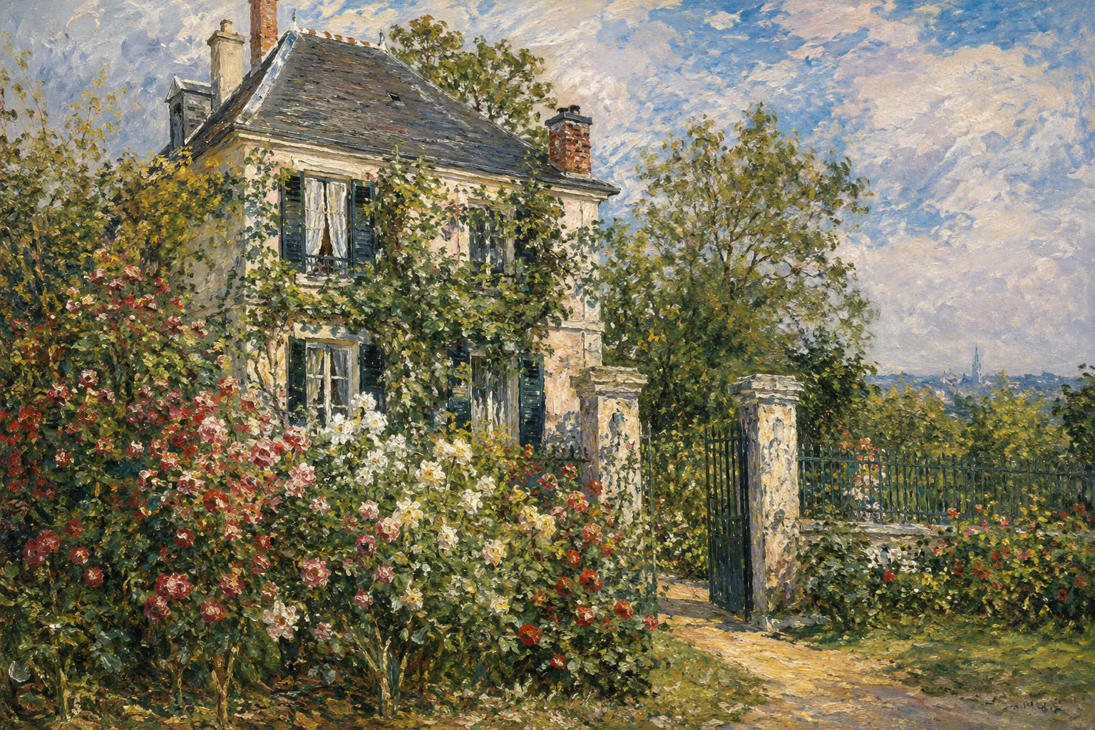Maison élégante et végétation luxuriante évoquant l’architecture résidentielle au Pecq