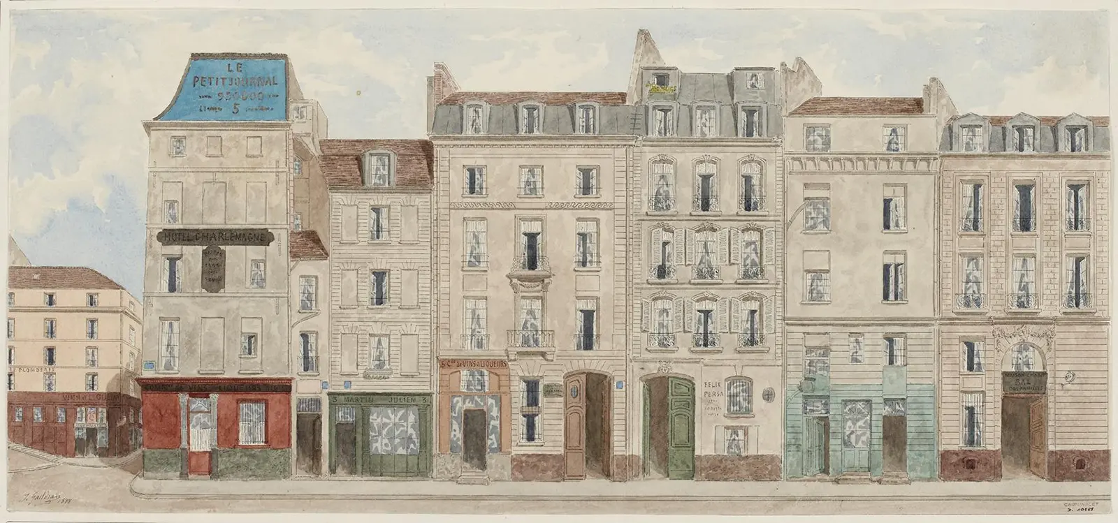 Aquarelle libre de droits représentant des façades parisiennes anciennes et une architecture bourgeoise élégante évoquant l’atmosphère de Saint-Germain-en-Laye