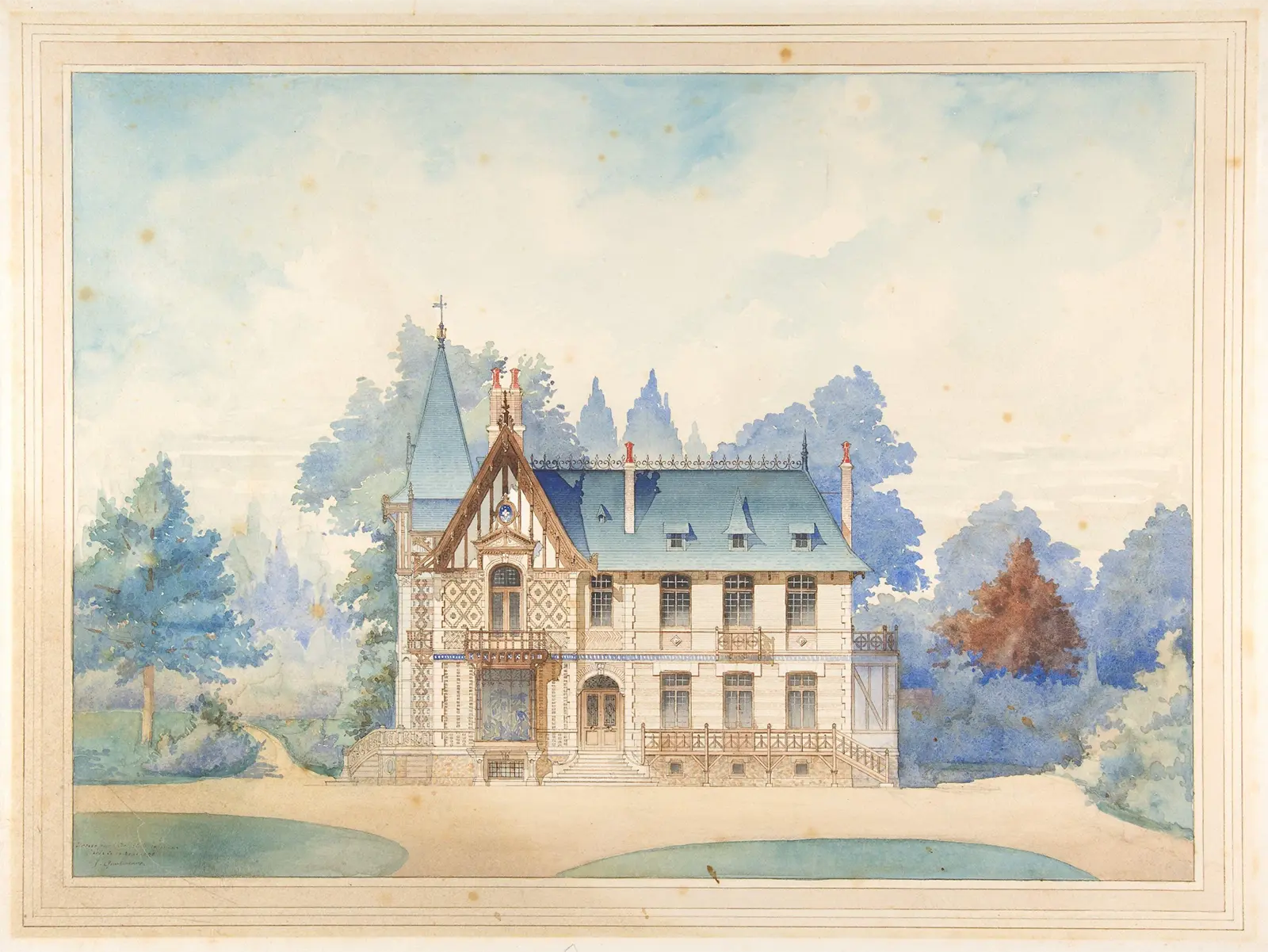 Aquarelle libre de droits représentant une villa élégante au cœur du paysage arboré du Vésinet