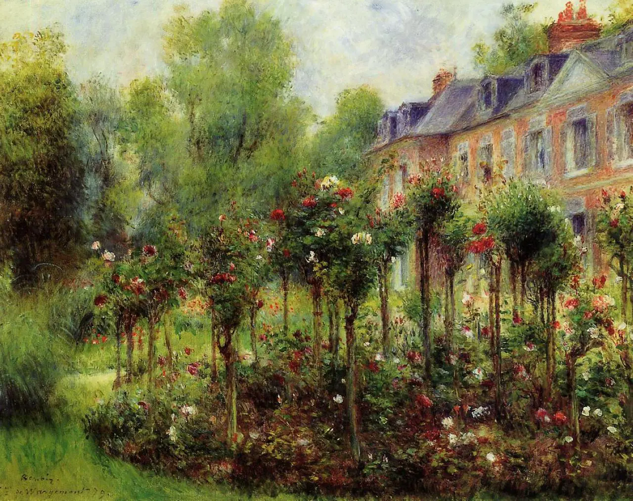 Peinture impressionniste d’un jardin fleuri à Chatou avec rosiers, arbres et maison élégante en arrière-plan