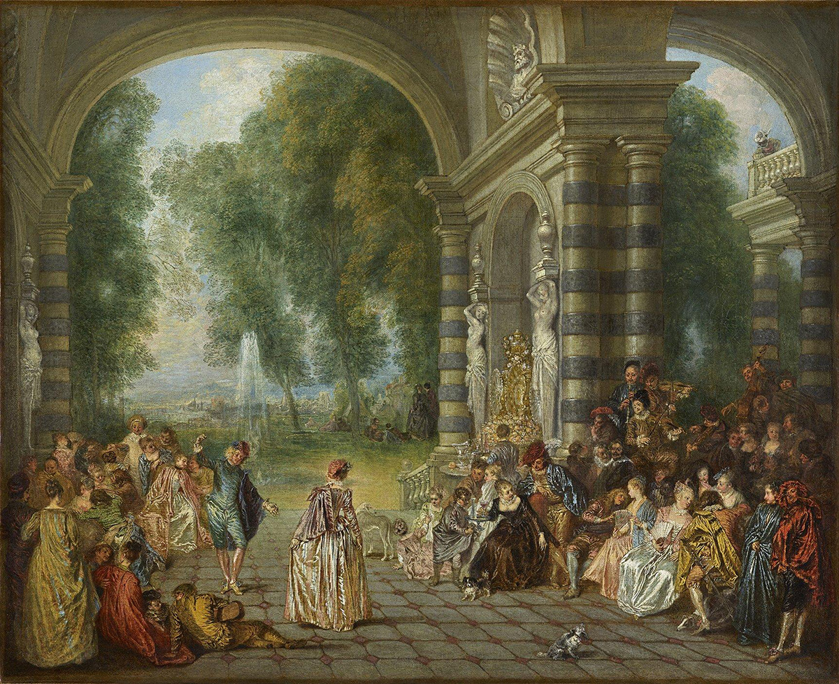 Scène élégante dans des jardins à Versailles, peinture ancienne évoquant le patrimoine, l’art de vivre et l’atmosphère historique de la ville