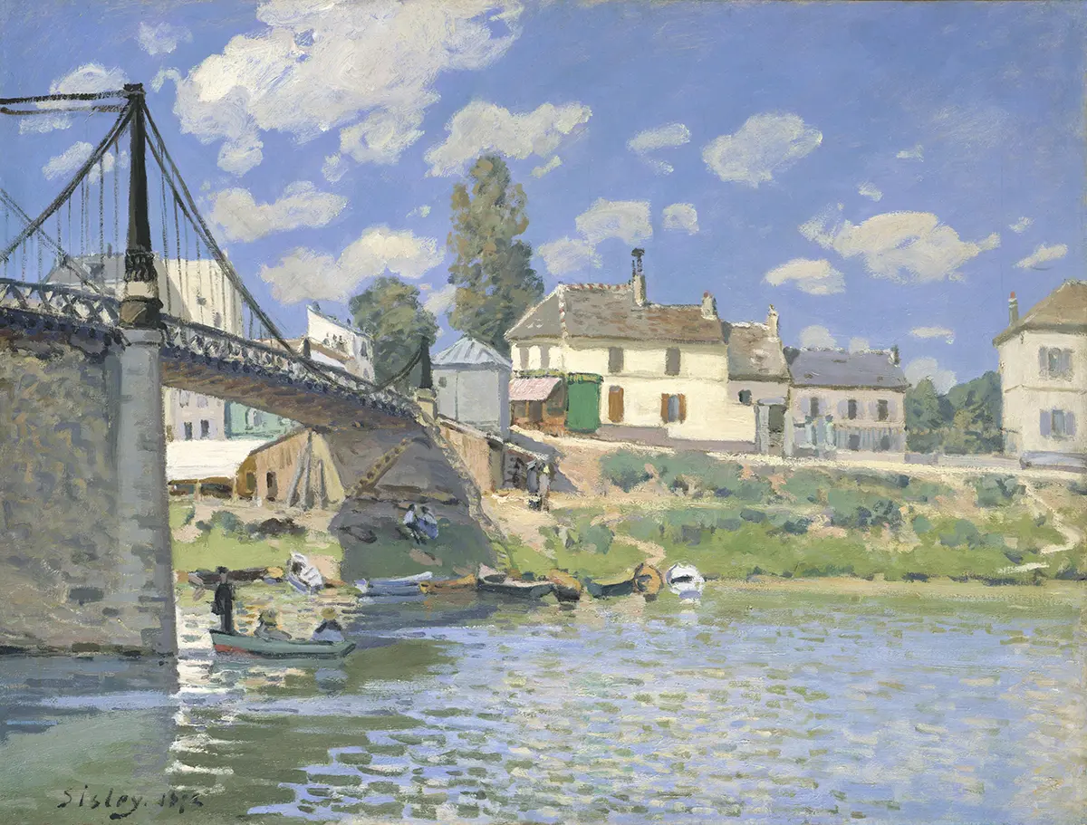 Peinture impressionniste de la Seine au Pecq avec pont suspendu, maisons en bord de rive et lumière douce sur l’eau