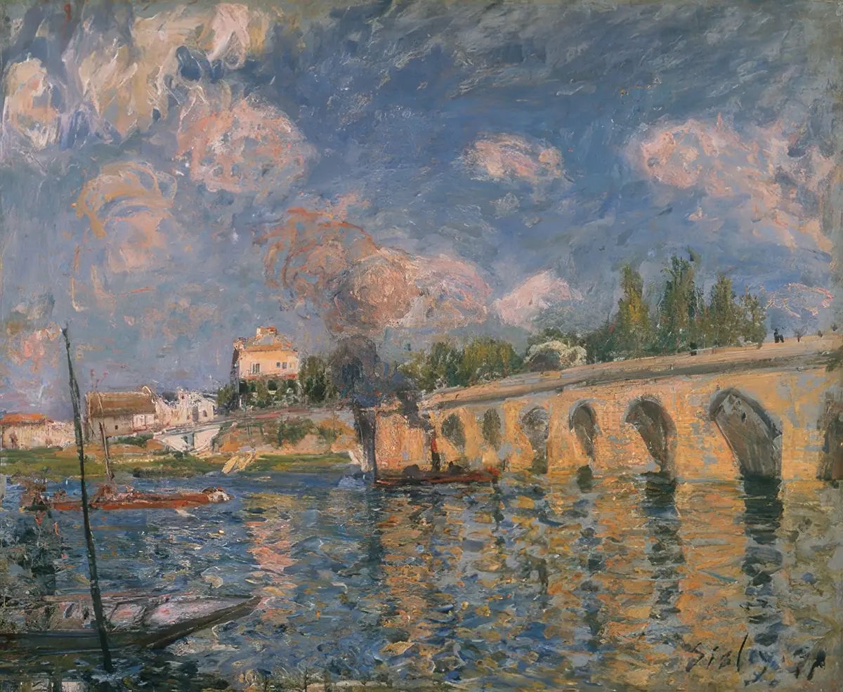 Peinture impressionniste de la Seine au Pecq avec pont de pierre, reflets sur l’eau et ciel mouvementé